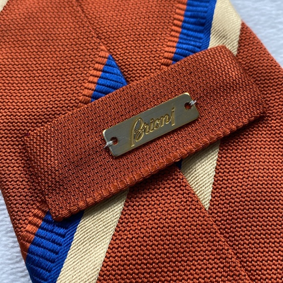 Brioni Diagonal Striped Silk Neck Tie (Orange/Blue/Ivory) - Picture 12 of 14